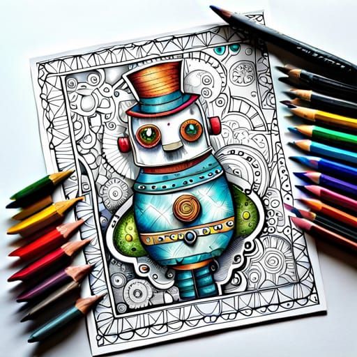 Steampunk Robot Illustration in Black Ink