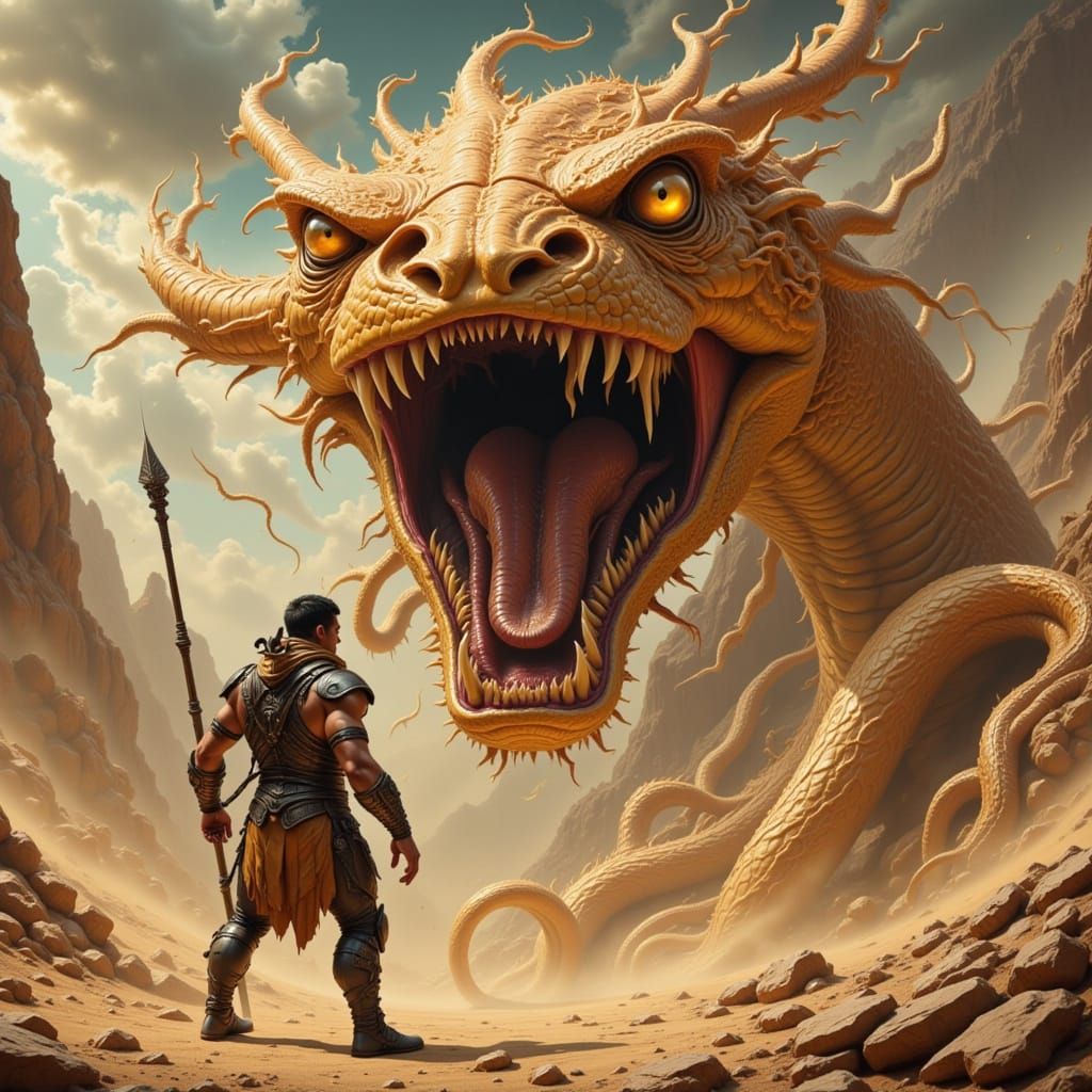 spear against the charge of a massive snake