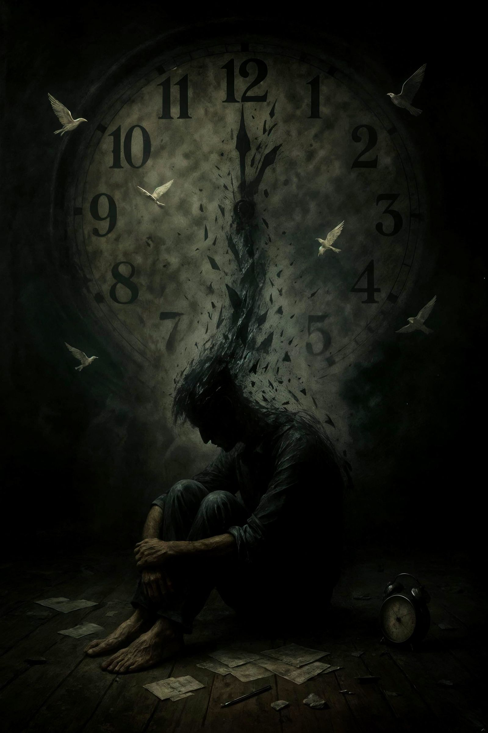 Man Dissolving Towards Clock: Somber Digital Art