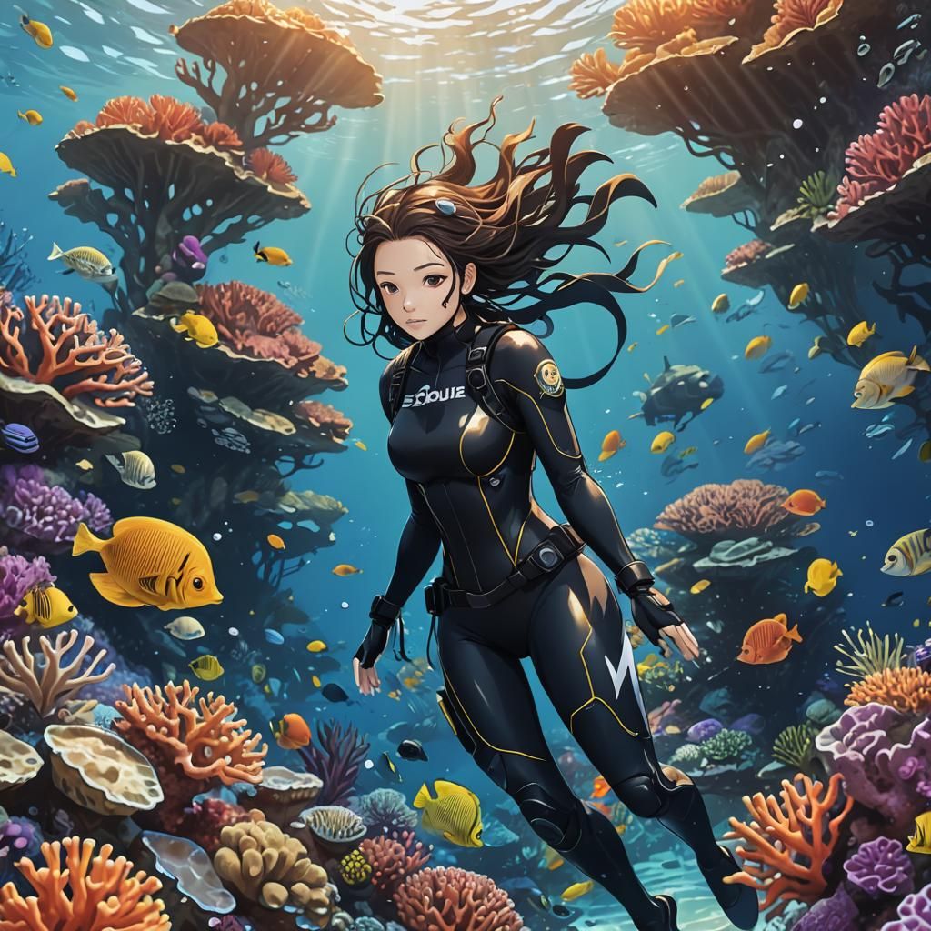 Female Scuba Diver in Coral Reef: Anime Style