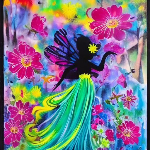 Fairy Silhouette in Blooming Flower Forest Graffiti Art
