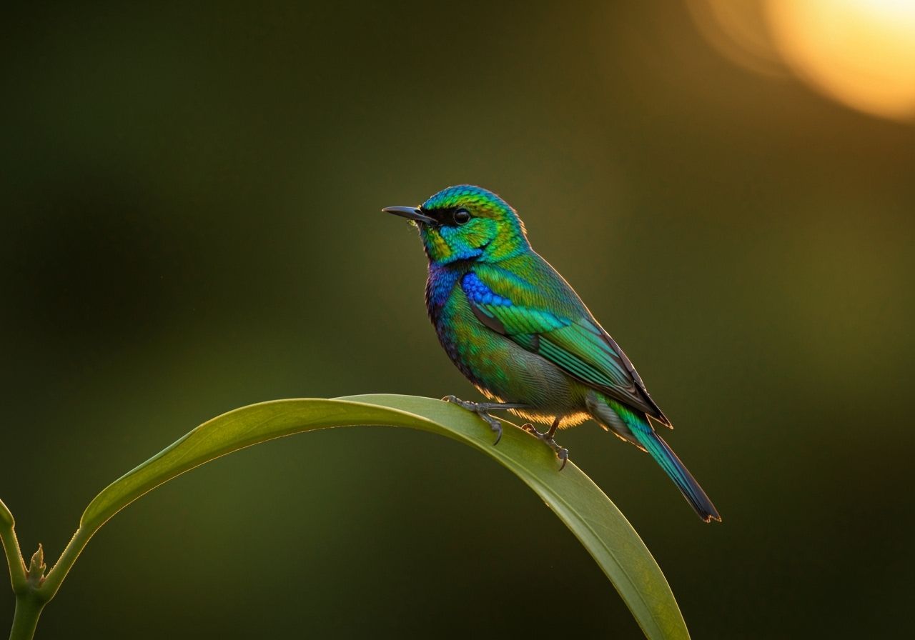 Iridescent Bird on Leaf in Golden Sunlight