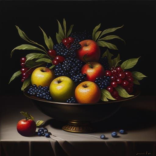 Baroque Still Life: Fruit in Chiaroscuro Oil Painting