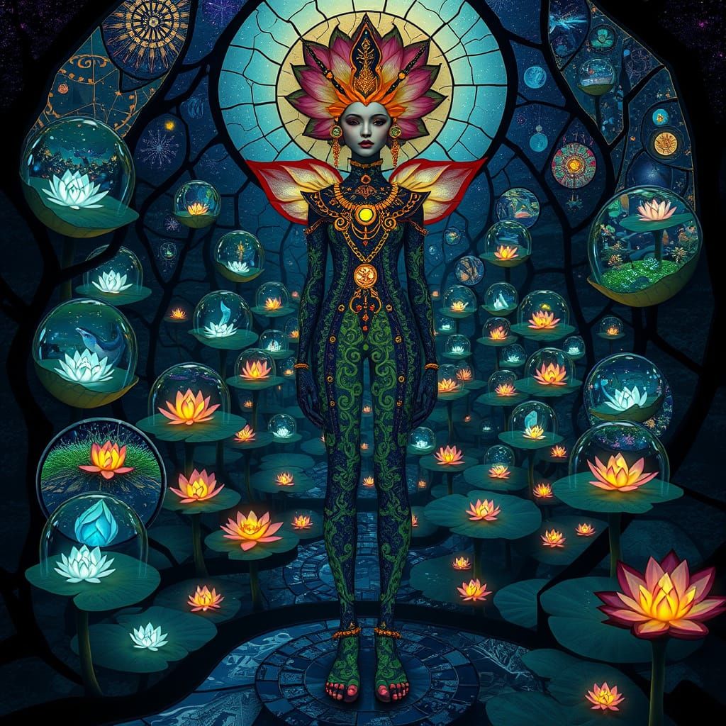 Lotus Goddess in a Dreamlike Labyrinth of Mirrors