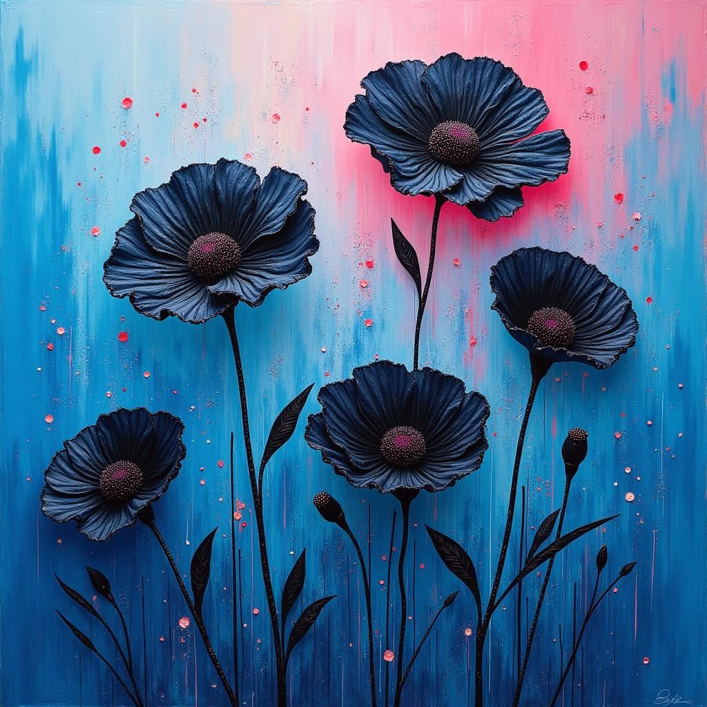 Acrylic, textured black flowers floating in the ocean of cry...