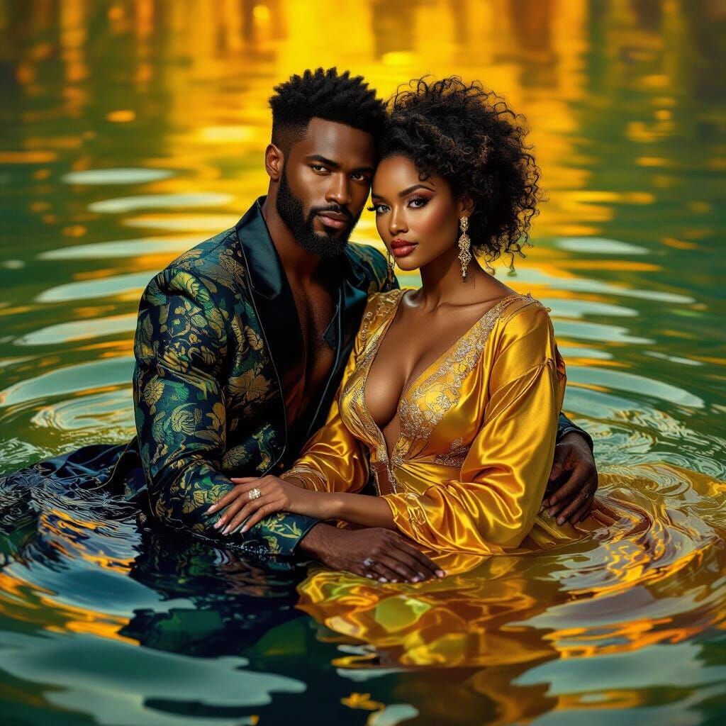 Elegant Couple in Silk with Flowing Water
