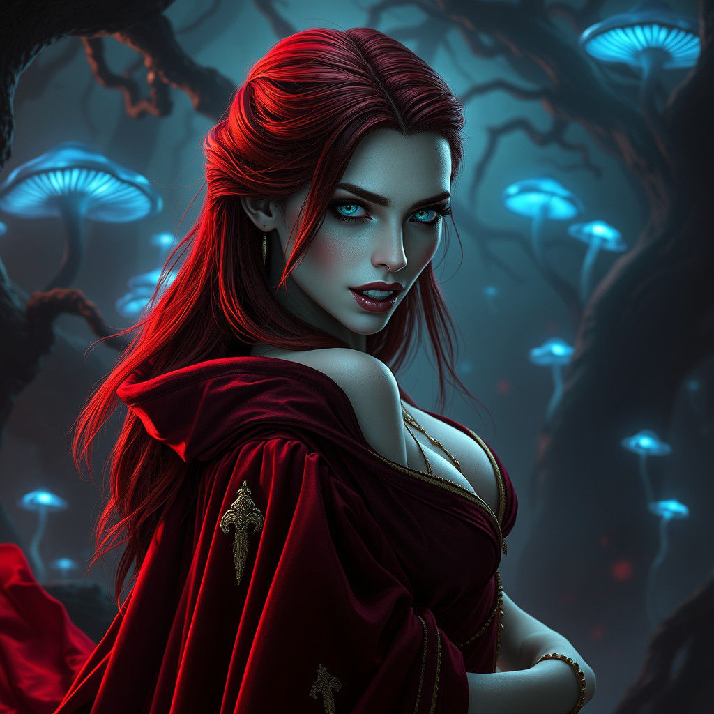 Redhead Vampire in Mystical Forest, Dark Fantasy Art