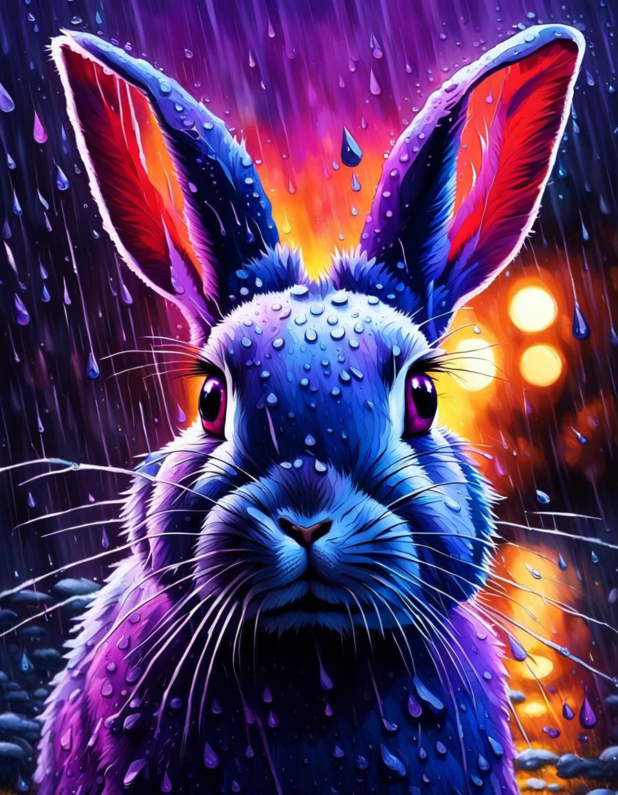 Determined Bunny Rabbit in Rainy Expressionist Portrait