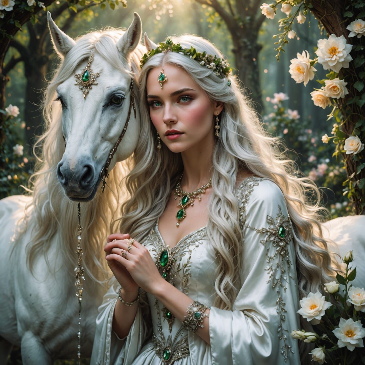 Ethereal Woman in Dreamy Landscape with White Unicorn