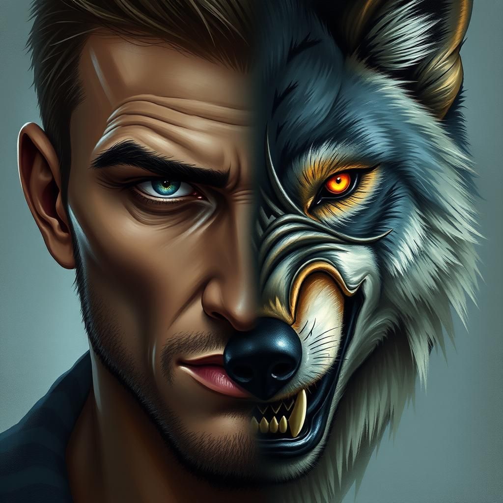 Hybrid Man with Wolf Face in Dark Fantasy Style