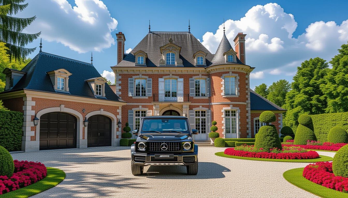 Elegant Chateau and Luxury Car in Vibrant Garden