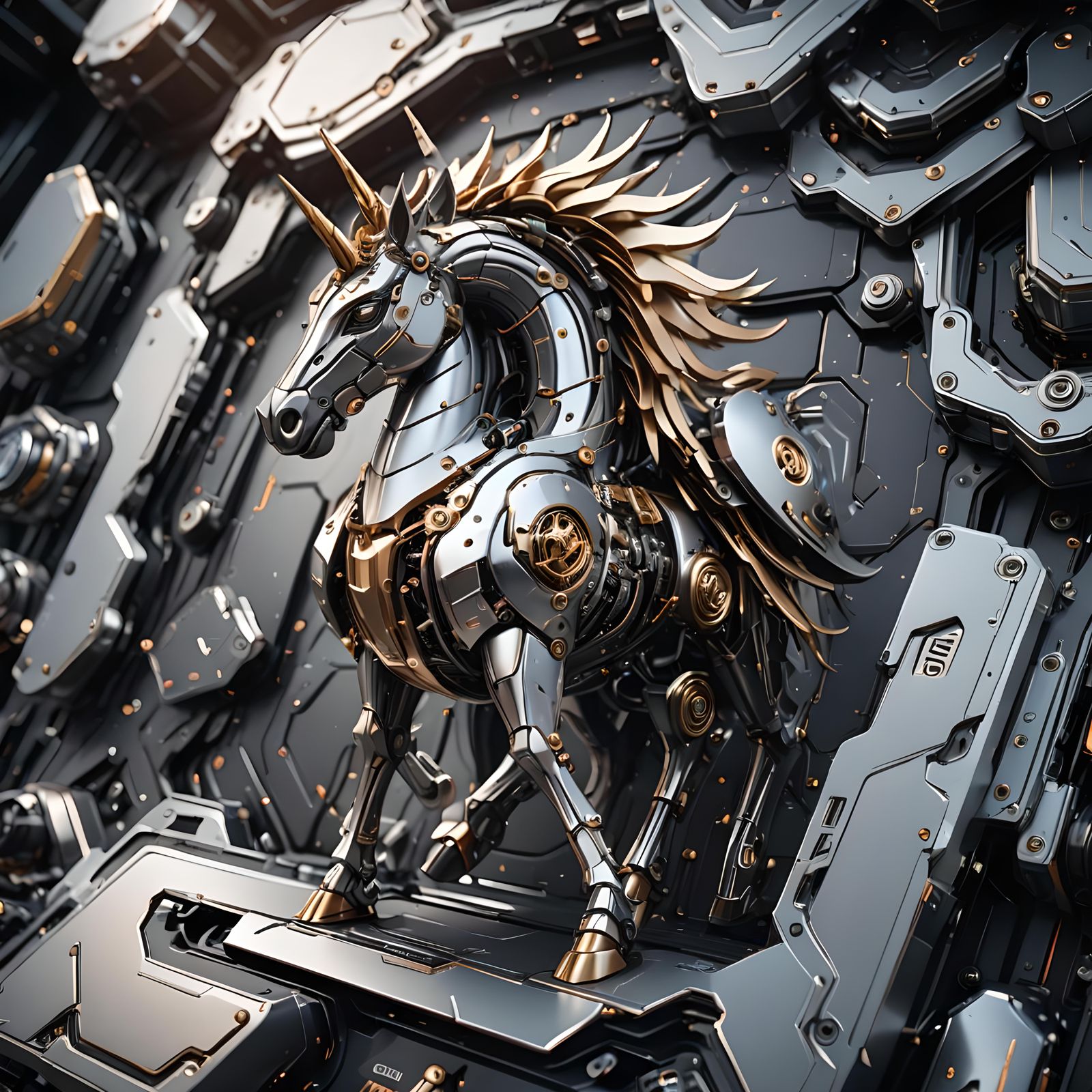 Futuristic Metallic Unicorn Logo in Sci-Fi Style