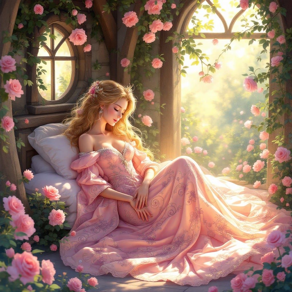 Sleeping Beauty in a Whimsical Anime Rose Cottage