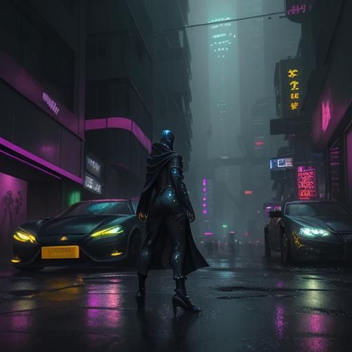 Cyberpunk City Noir: Rain-Soaked Alley Meeting
