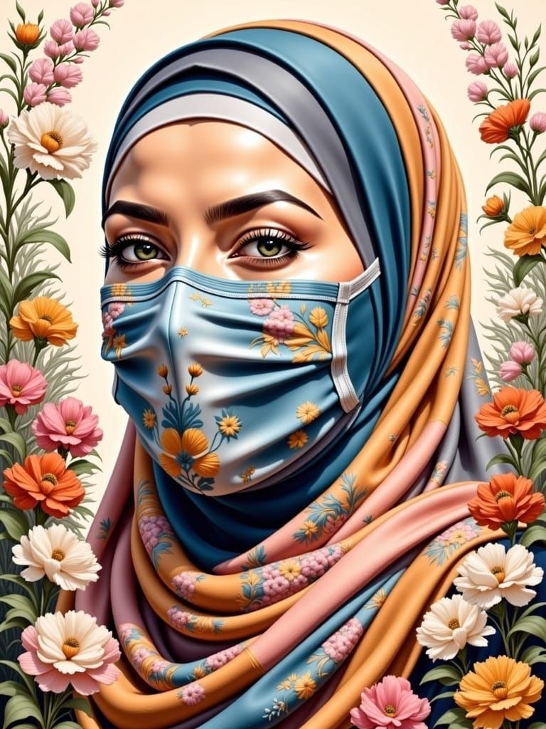 Serene Beauty in Headscarf, Oil Gouache Style