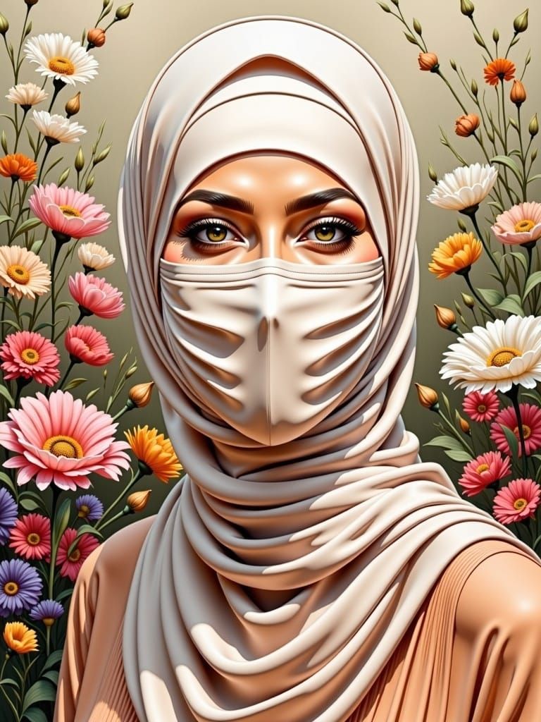 Serene Hijabi Woman in Oil Gouache Style