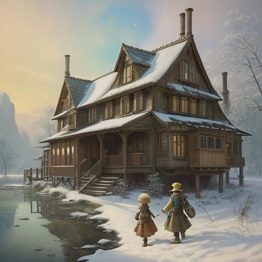 Steampunk Scouts Explore Snowy Landscape in Watercolor Style