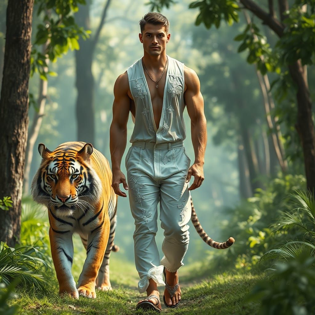 Muscular Man and Tiger in Lush Forest, Cinematic Realism