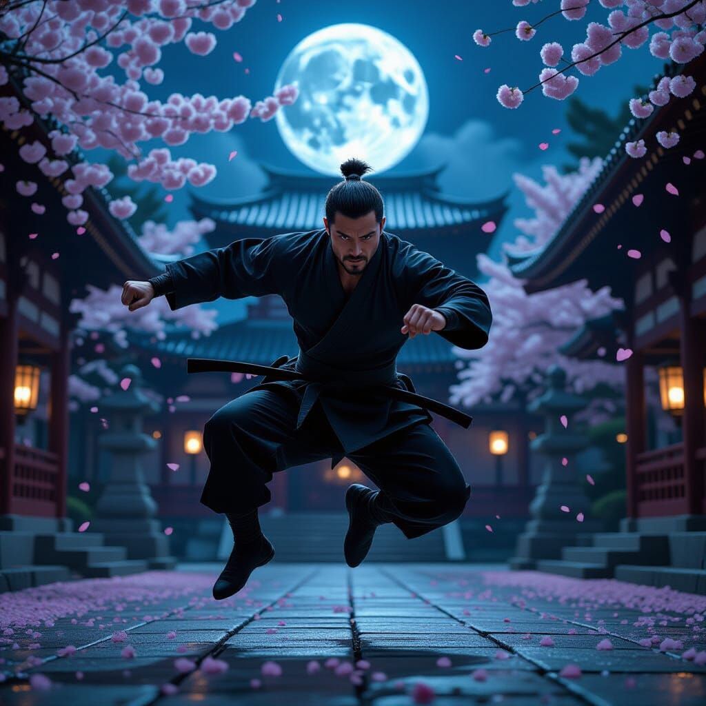 Ninja Warrior Performing Dynamic Kick in Moonlit Temple