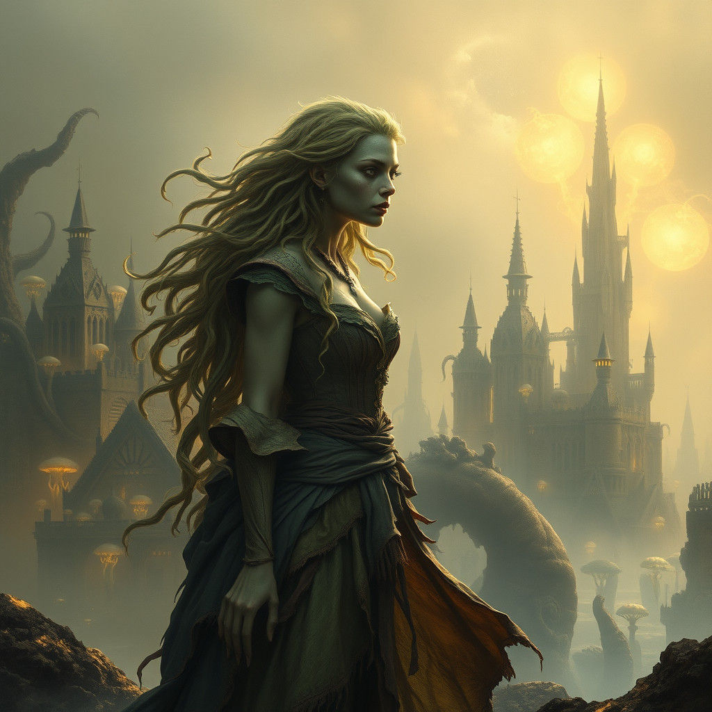 Ethereal Innsmouth Princess in Dreamlike City
