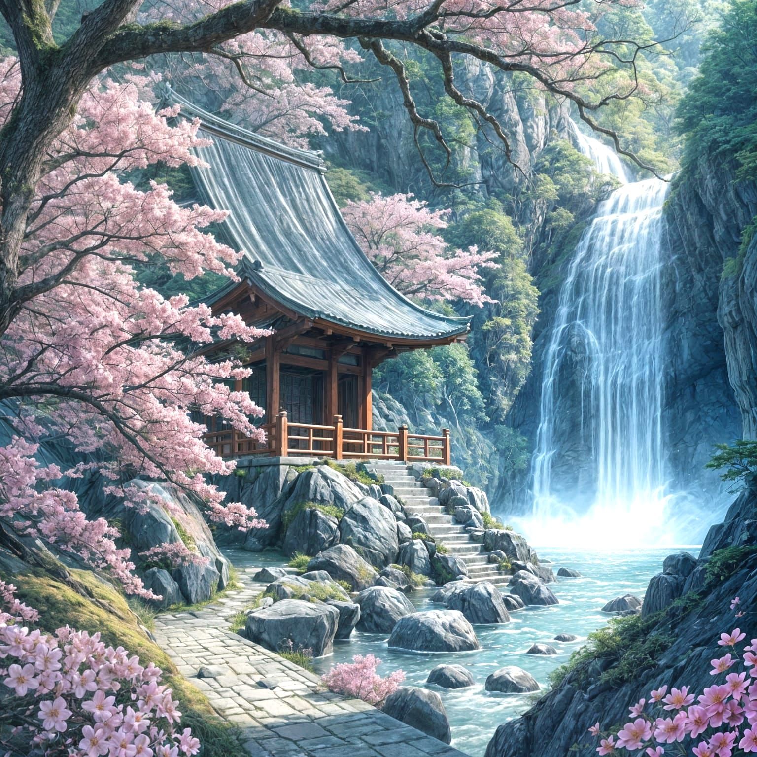 Mountain Temple Waterfall