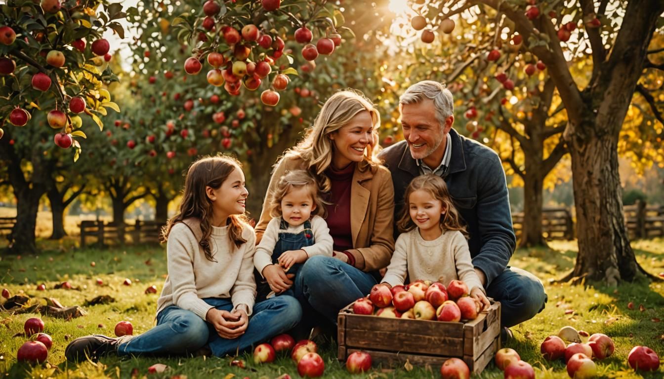 Cozy Family Apple Cider Press in Autumn Orchard