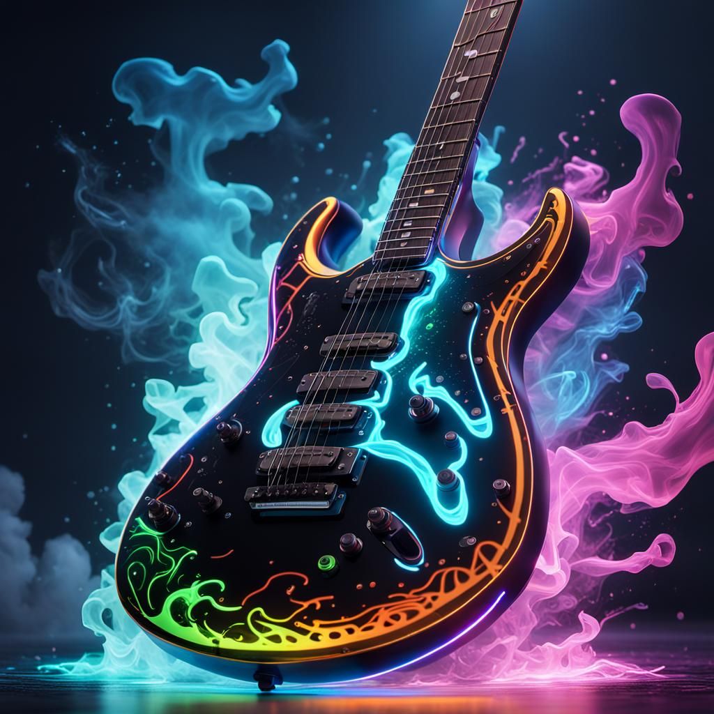 Glowing Neon Electric Guitar in Smoky Soundscape