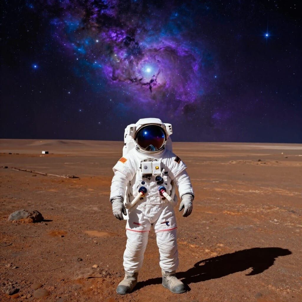 Astronaut on Mars Reflecting Nebula in Cinematic Style
