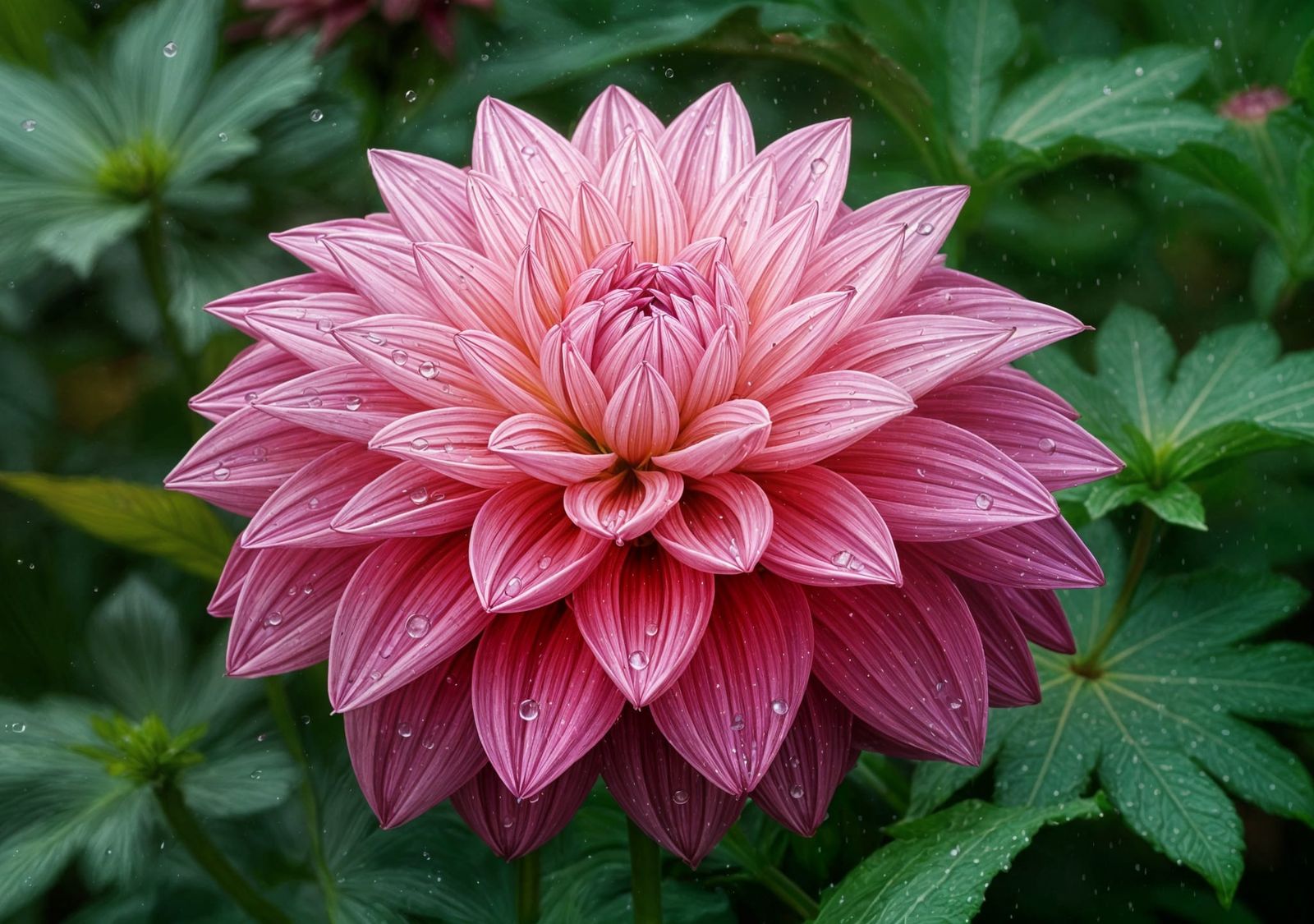 Iridescent Dahlia with Raindrops and Abstract Elements