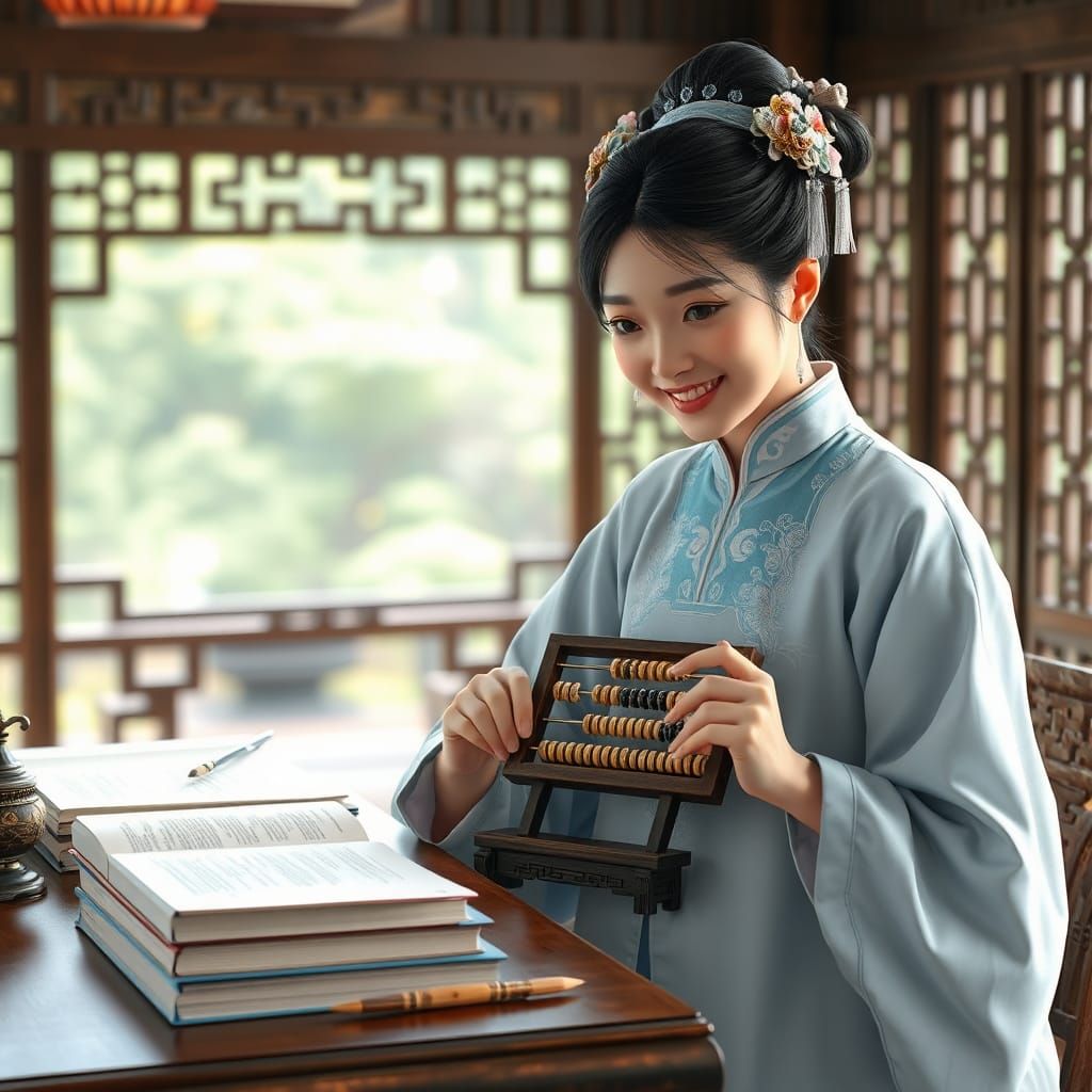 Chinese Girl with Abacus in Lush Garden, Anime Art