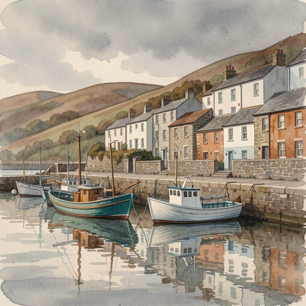 Watercolor Harbor Scene with Fishing Boats and Village