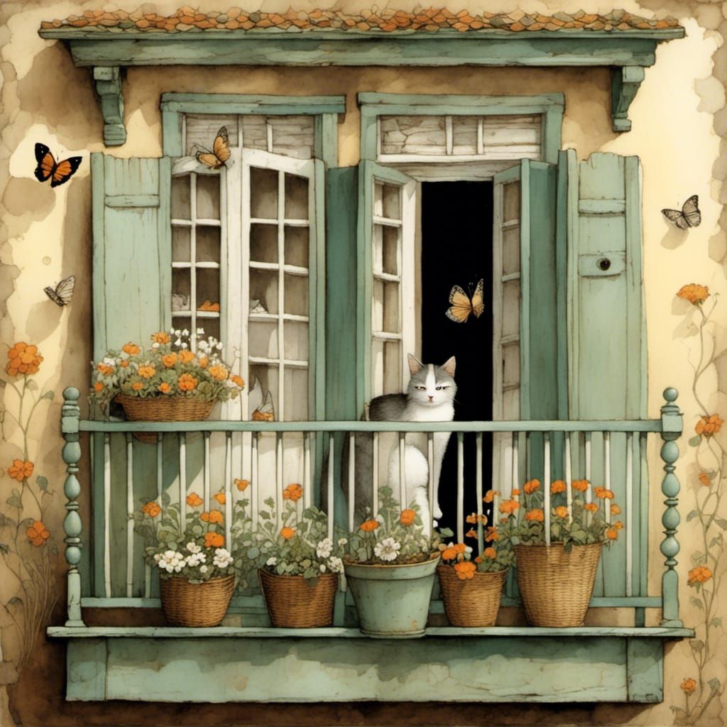 Idyllic Balcony Scene with Cat, Birds, and Flowers