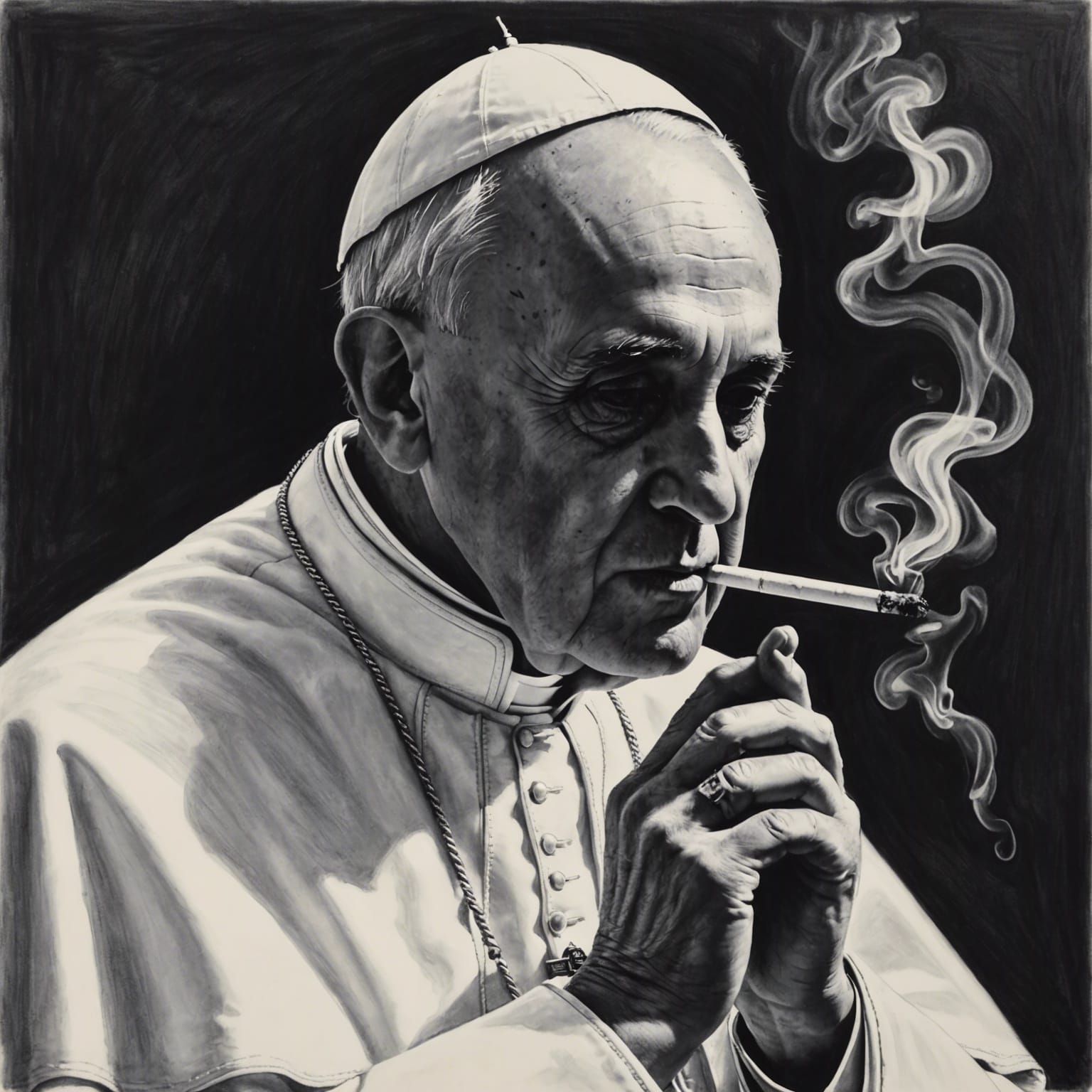 Charcoal drawing of the pope smoking a cigarette