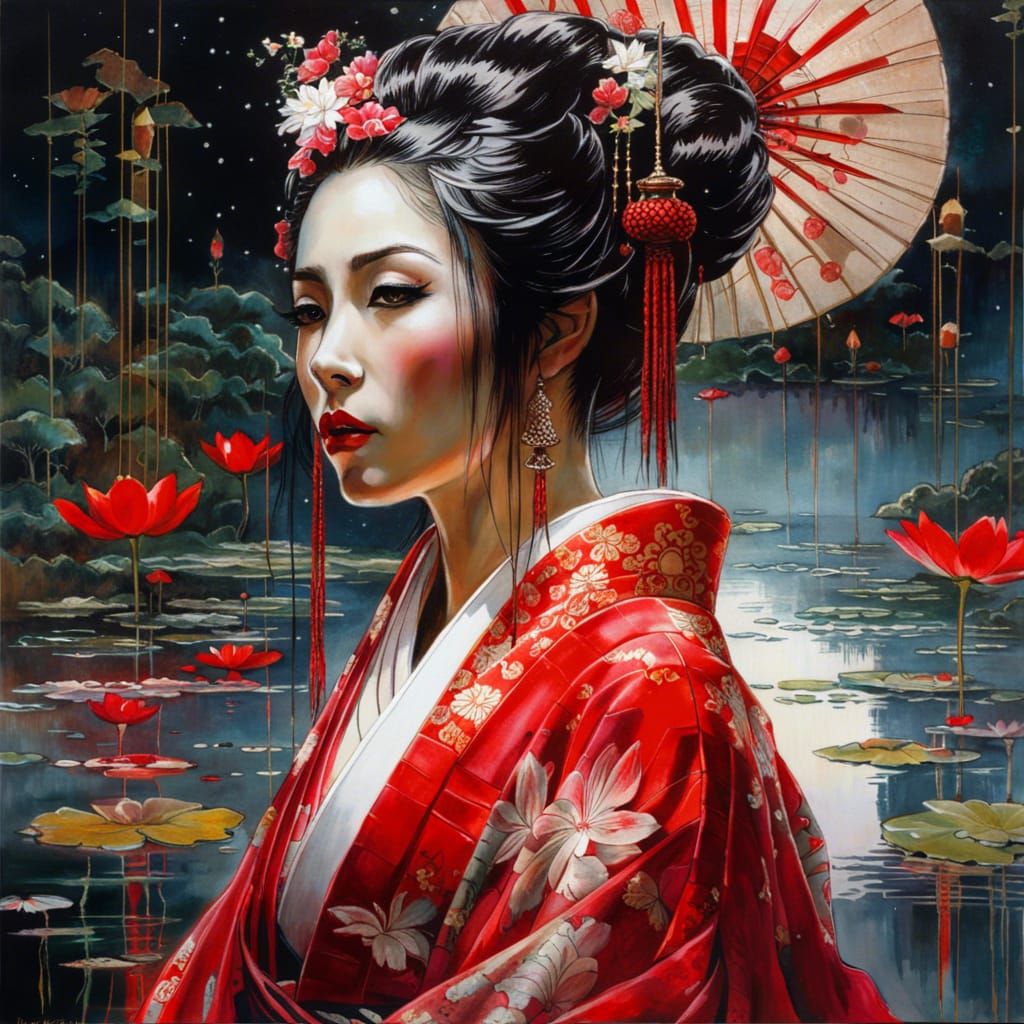 Geisha in Mirrored Reflection: A Dark Fantasy Masterpiece