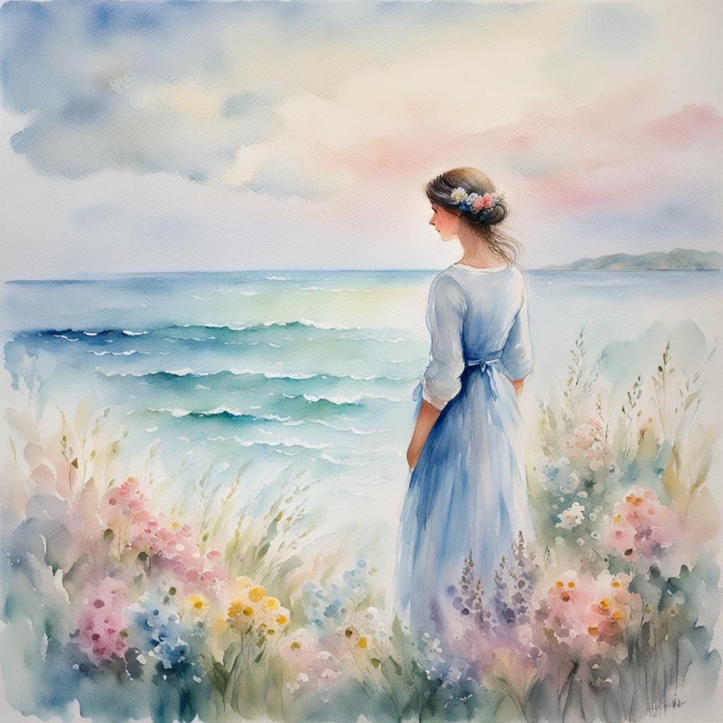 Watercolor Woman with Flowers by the Sea