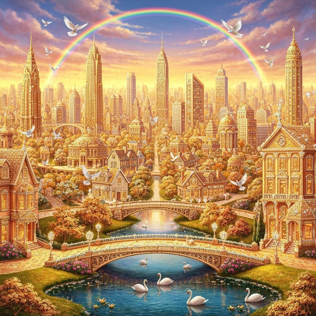 Golden City with Diamond Roads and Rainbow