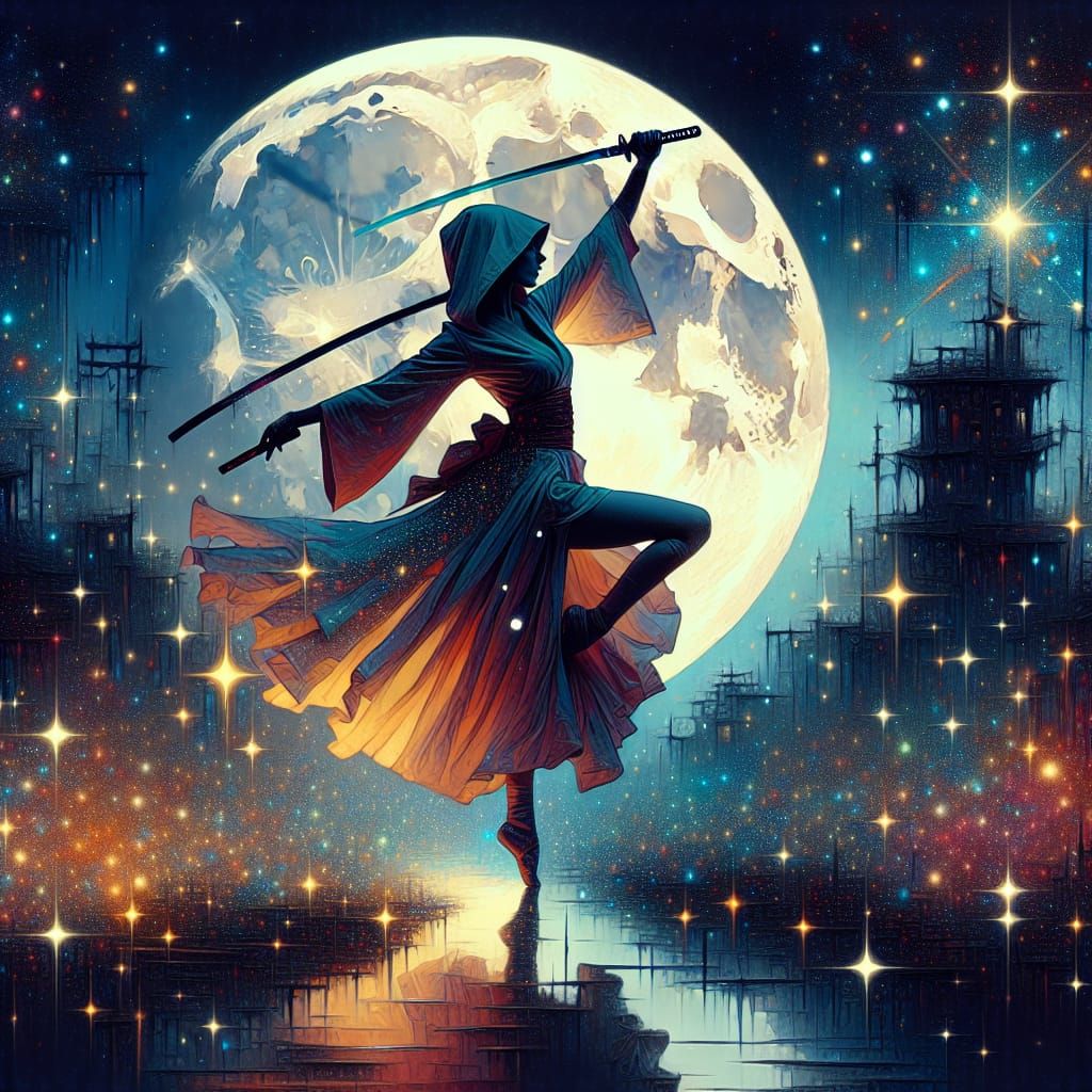 Surreal Assassin Dancing with Katana Under Moon