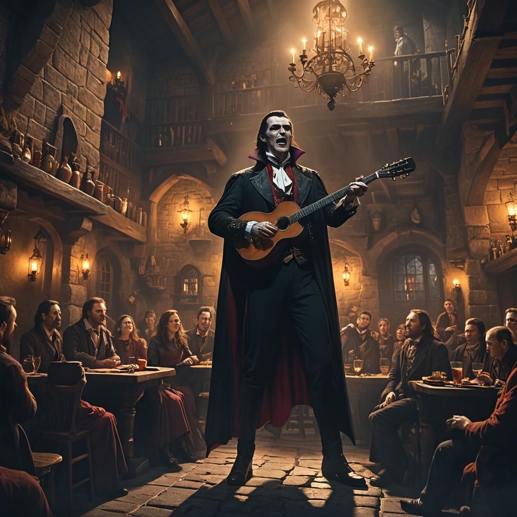 Dracula Serenades a Tavern in Dramatic Lighting
