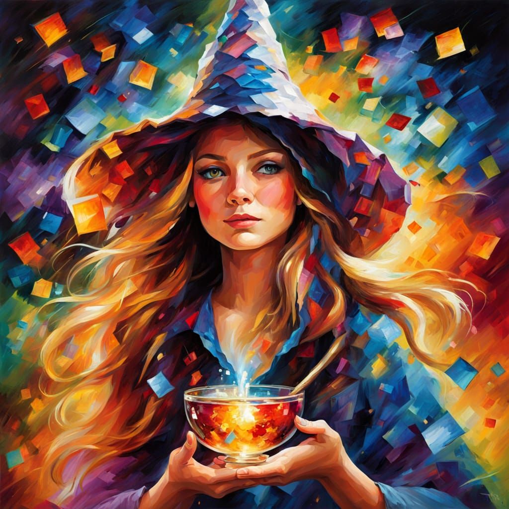 Girl Wizard Crafting Potion in Colorful Impressionist Style