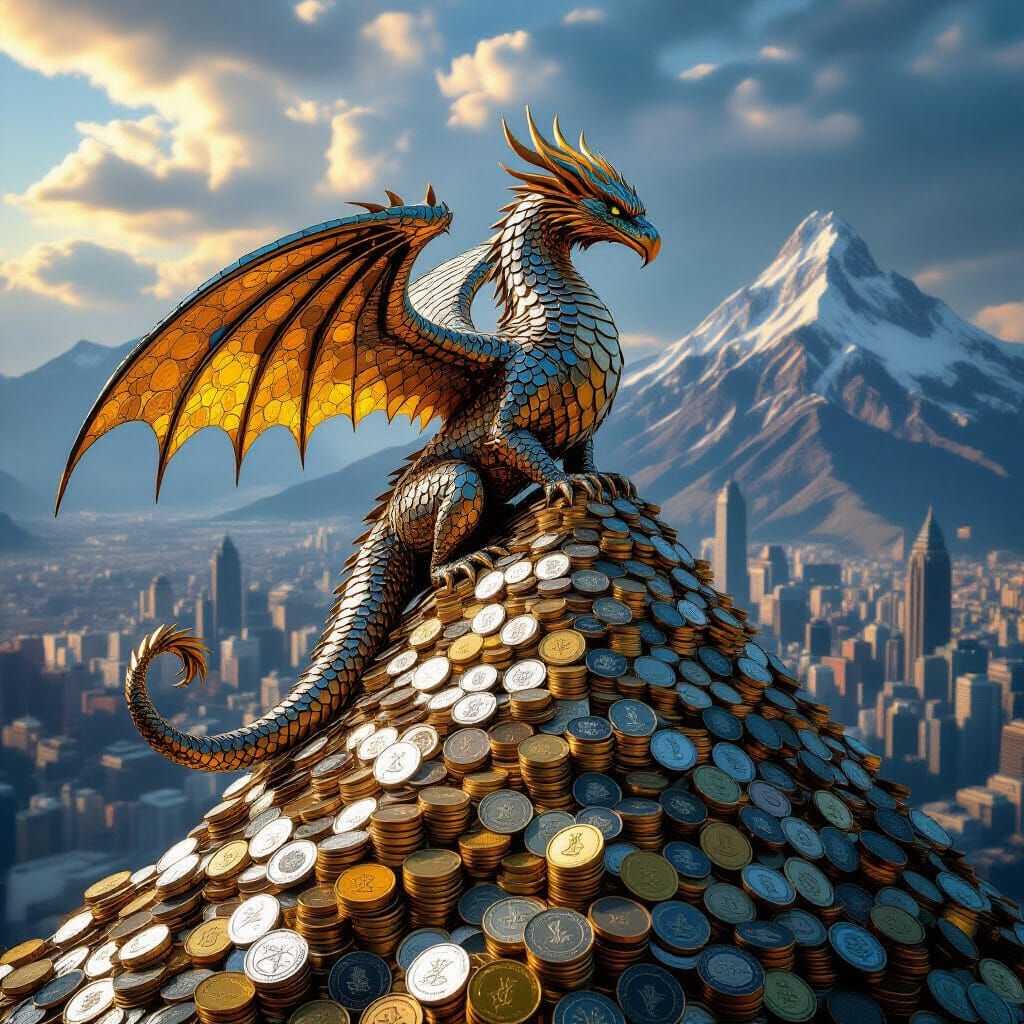 Mythical Creature of Coins on Banknote Mountain