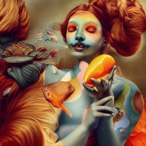 Dreamy Portrait of a Woman with Whimsical Fish