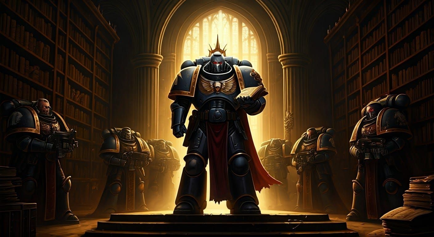 Space Marine Commander in Ornate Library, Hyper-Detailed