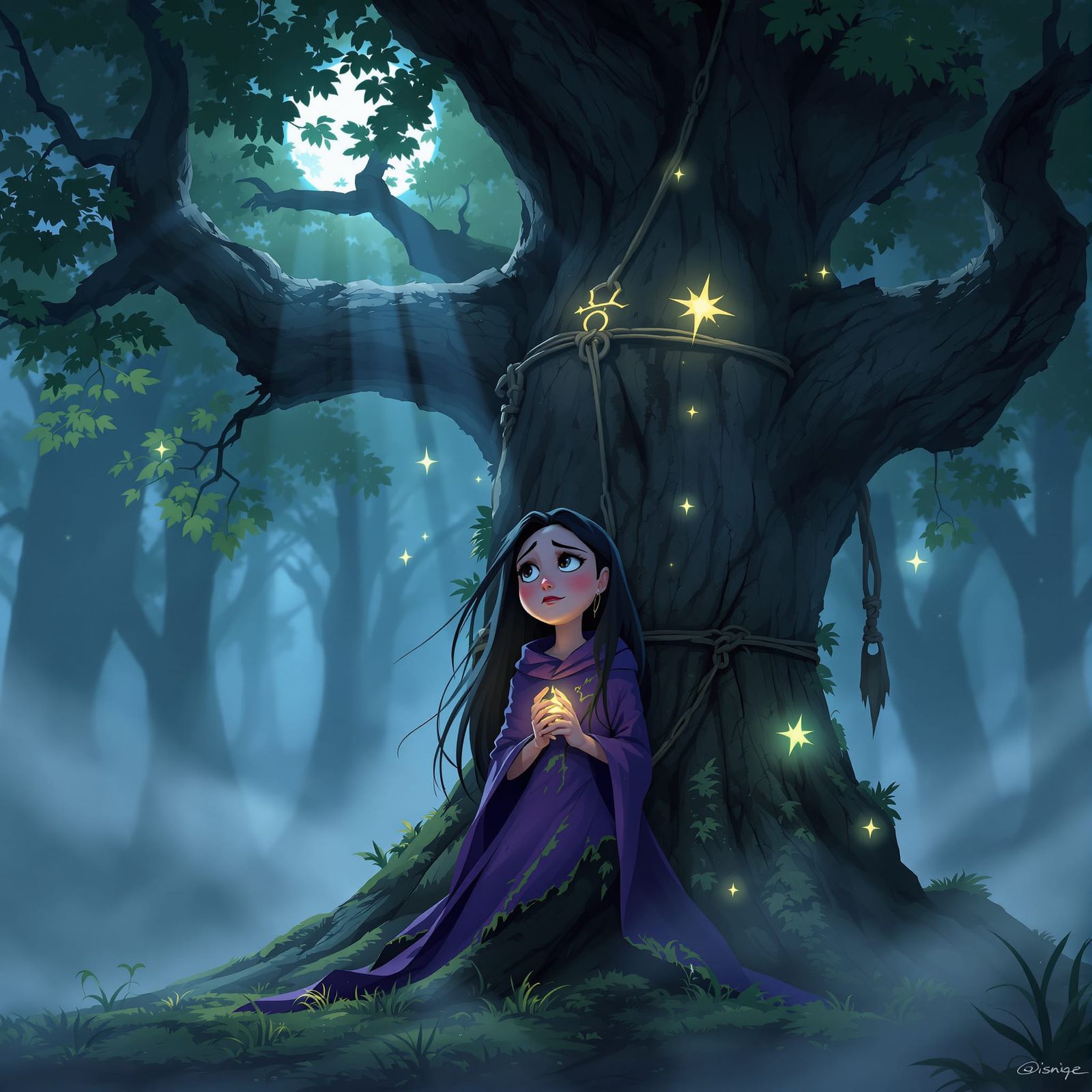 Young Witch Tied to Ancient Tree in Misty Forest