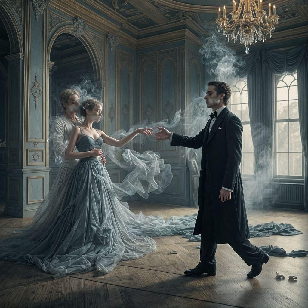 Crying Man Reaching for Ethereal Woman in Ballroom