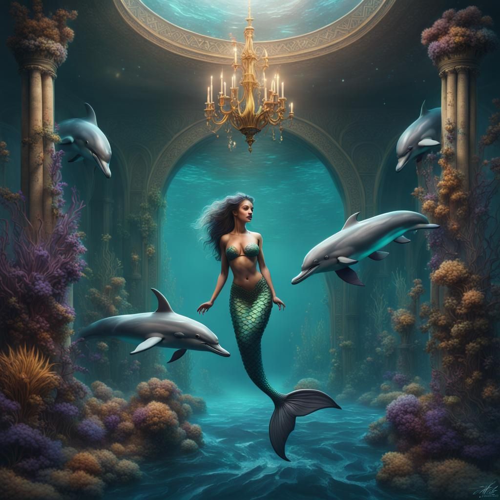 Fantastical Mermaid and Dolphins Matte Painting