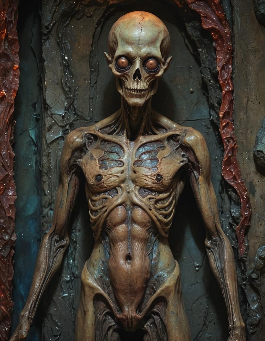 Surreal Alien Cadaver Portrait in Mixed Media Style