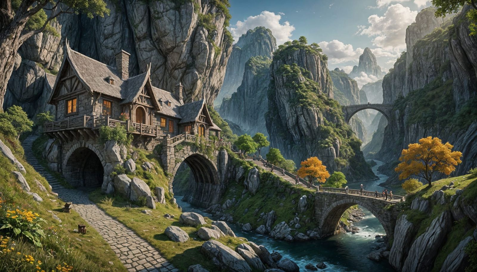 Elven Cottages Connected by Stone Bridge