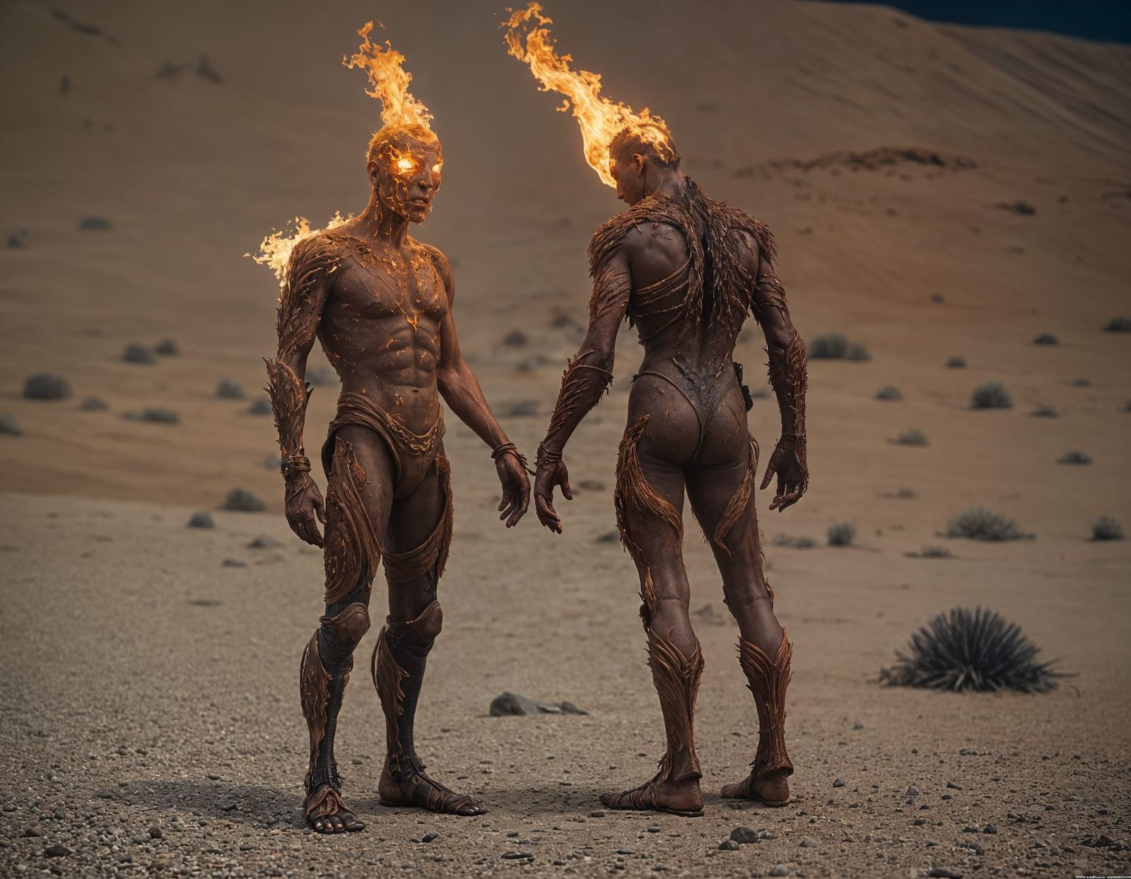 Anthropomorphic Fire Spirit in Desert, Moebius Style