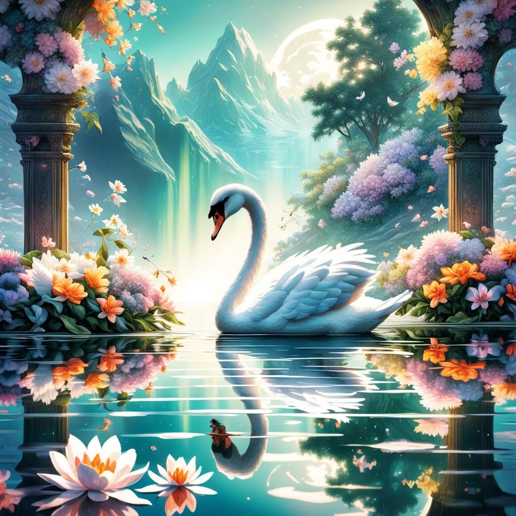 Swan Lake Reflection: Dreamy Digital Illustration