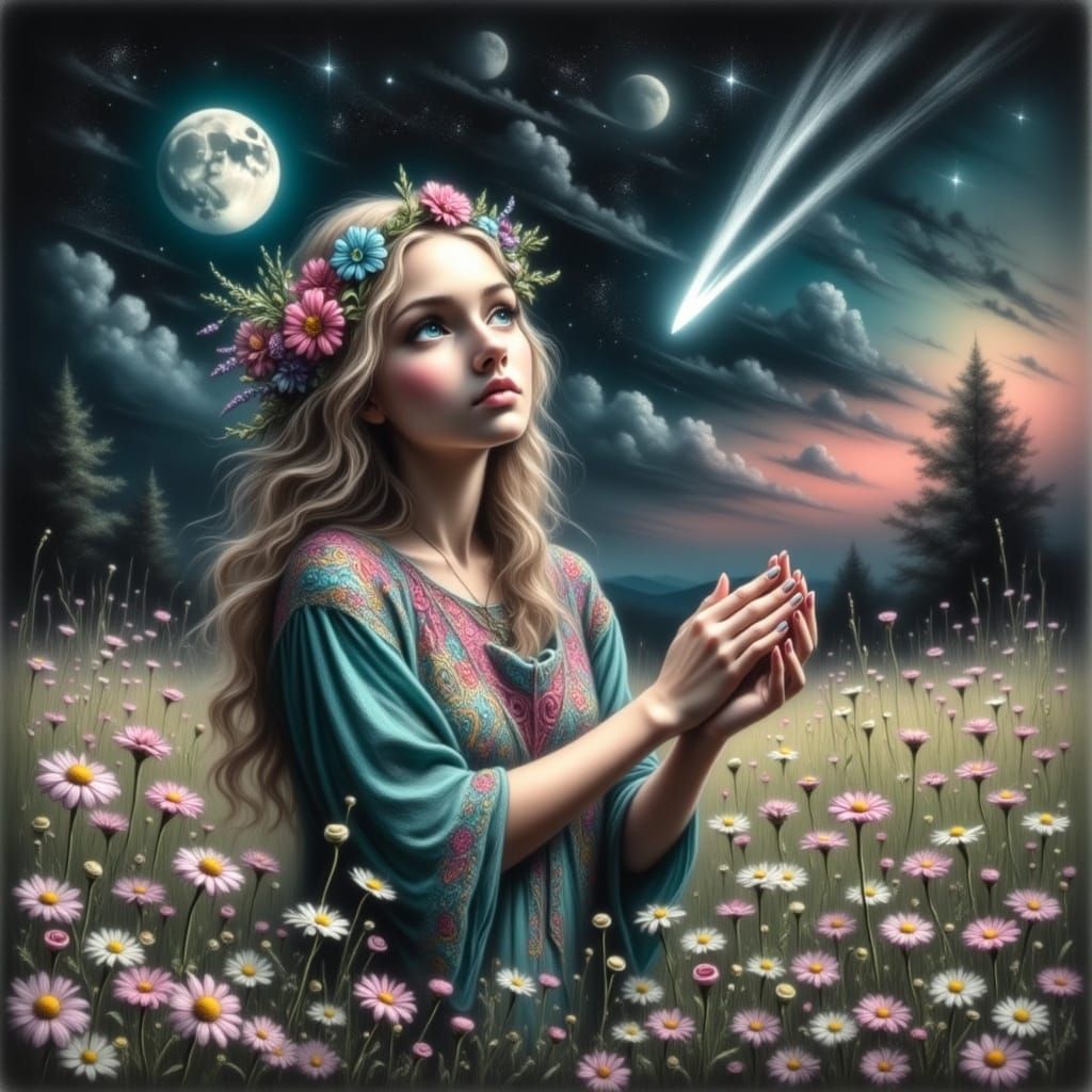 Boho Woman with Crochet Blanket Under Moonlight